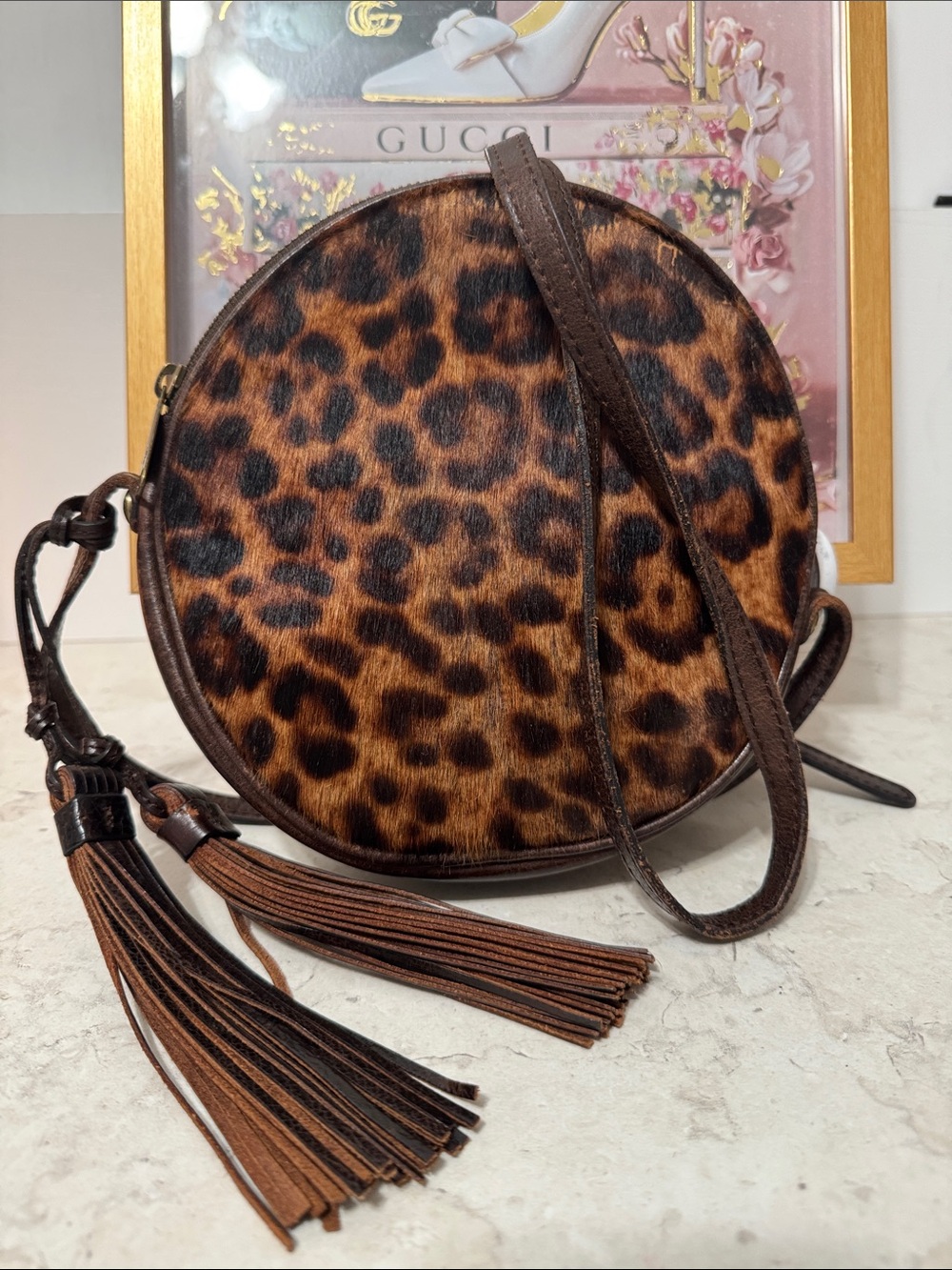 Patricia Nash Leopard Print Round Crossbody Bag with Tassels - Brown